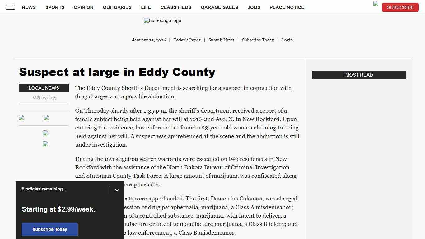 Suspect at large in Eddy County News, Sports, Jobs - Minot Daily News